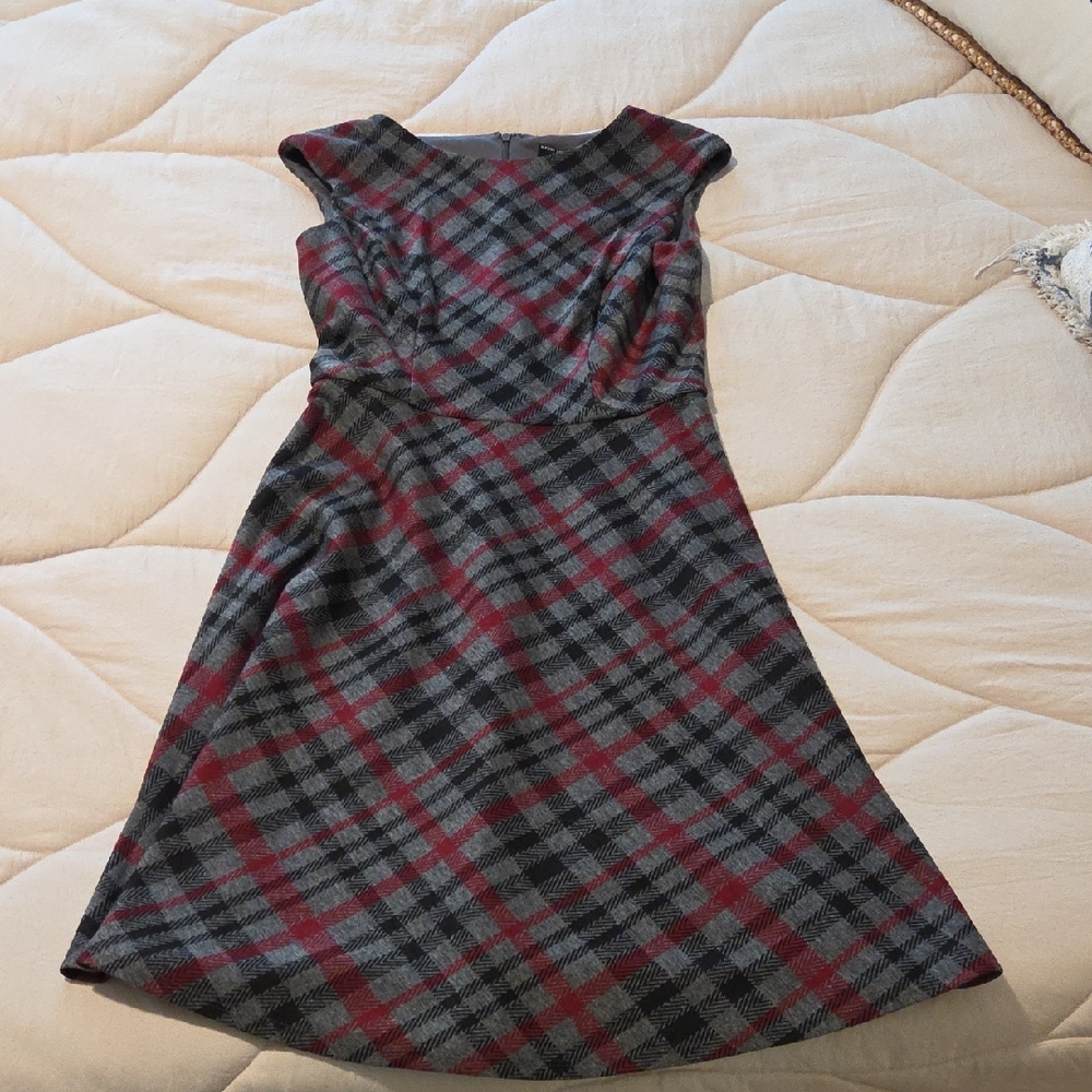Elegant Red and Gray Plaid Midi Dress